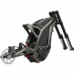 A lightweight, aluminum frame designed for an electric dirt bike, showing the mounting points for the battery, motor, and suspension components.