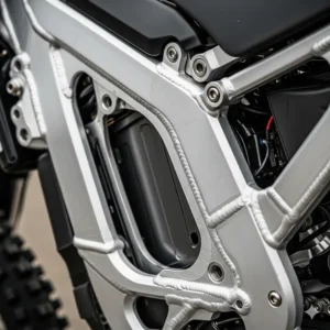 Close-up shot of an electric dirt bike frame with a large cutout for the battery pack.