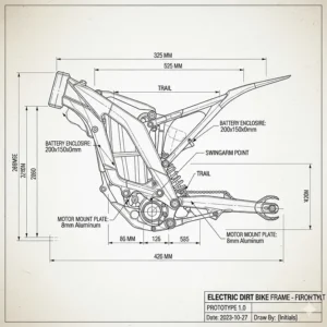 Technical blueprint showing the geometry and dimensions of a prototype electric dirt bike frame.