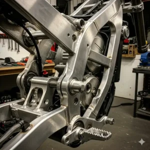 The rear swingarm pivot point on a fabricated electric dirt bike frame.