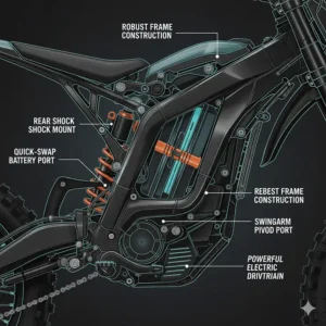 A close-up shot of a popular electric dirt bike model's frame and motor, highlighting its robust build and powerful electric drivetrain.