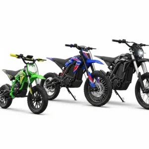 A side-by-side comparison of three different models of electric dirt bikes specifically designed for teenagers, highlighting their varied sizes and styles.