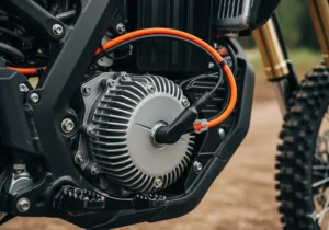 A view of the efficient and quiet electric motor on an affordable electric dirt bike.