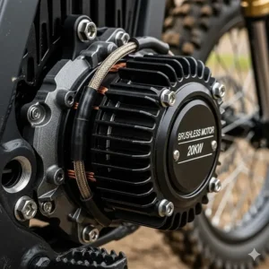 A detailed close-up shot of the powerful brushless motor, the heart of the fast electric dirt bike, highlighting its compact and efficient design.