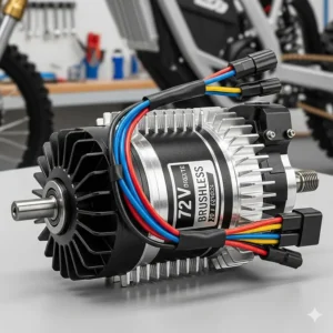 A detailed shot of the brushless electric motor that powers the 72 volt electric dirt bike, emphasizing its efficiency and robust construction.