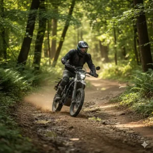 A person riding a dual-sport electric dirt bike on a dirt trail, demonstrating its versatility for off-road adventures.
