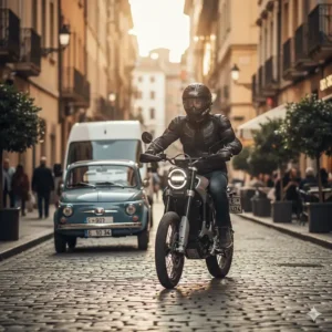 A rider on a street-legal electric dirt bike navigating city traffic, highlighting its road-legal features like mirrors and turn signals.