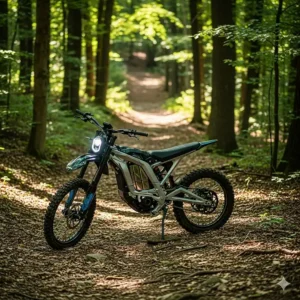 An electric dirt bike parked on a scenic wooded trail, ready for a ride.