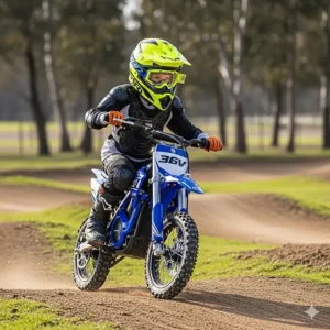 A young rider wearing safety gear, including a helmet and pads, while operating a 36 volt electric dirt bike in a safe manner.