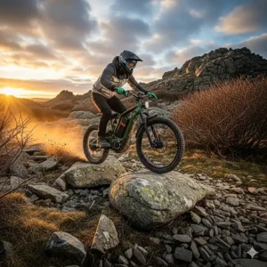 A rider on an agile 48 volt electric dirt bike navigating a challenging, rocky terrain with ease.