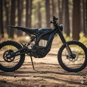 A side profile view of a sleek, black electric dirt bike, highlighting its compact design.