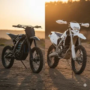A size comparison of the 72 volt electric dirt bike next to a traditional gas-powered dirt bike, highlighting its sleek, modern profile.