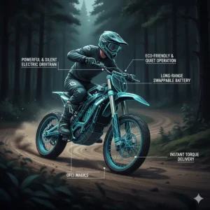 A detailed image of an electric dirt bike's front fork and rear shock, illustrating the high-performance suspension system for a comfortable ride on rough terrain.
