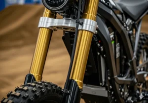 The heavy-duty suspension system of a budget-friendly electric dirt bike, designed to absorb bumps on rough terrain.