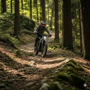 A rider navigates a winding, rocky forest trail on a quiet electric dirt bike, illustrating its ability to handle rough terrain without engine noise.