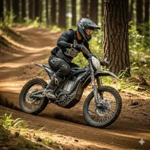 A rider on an electric dirt bike under $3000 navigating a winding trail. The bike has a powerful motor and a long-lasting battery, making it perfect for off-road adventures.