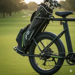 Close-up of the sturdy, turf-friendly rack designed to securely hold a golf bag on the back of the electric golf bike.