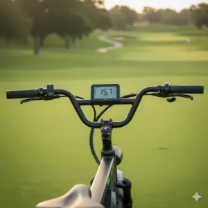 Snapshot of the handlebar controls and LCD display, showing speed, battery life, and pedal assist settings on the modern electric golf bike.