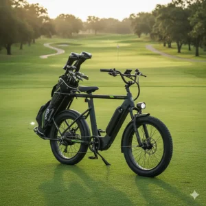High-quality image of an electric golf bike with a golf bag attached, parked on a lush green fairway, ready for a fast and fun round.