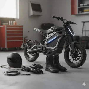 A collection of essential safety gear, including a helmet and pads, laid out next to a mini electric moto bike.