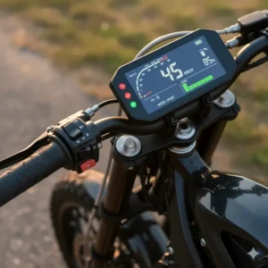 A close-up view of the digital dashboard and handlebar controls on an adult electric pit bike. The display shows speed, battery life, and ride mode settings.