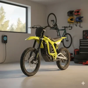 An adult electric pit bike is parked neatly inside a garage, next to some traditional bicycles. This illustrates its compact size, making it a great addition to any home for casual or competitive riding.