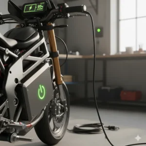 The dashboard of an electric pocket bike showing the battery level while it is plugged into a wall outlet for charging.