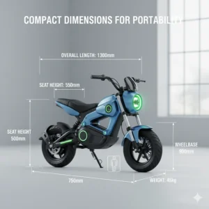 An infographic displaying the compact dimensions and size of an electric pocket bike, emphasizing its portability.