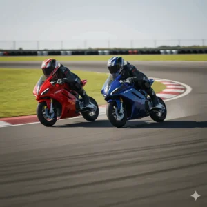 Two electric pocket bikes rounding a corner during a friendly race on a go-kart track.