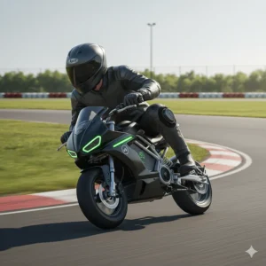 A person wearing a helmet and protective gear rides a black electric pocket bike on a paved track.
