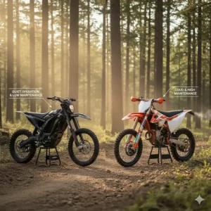 Comparison illustrating the low maintenance and quiet operation of a modern electric dirt bike compared to a gas model.