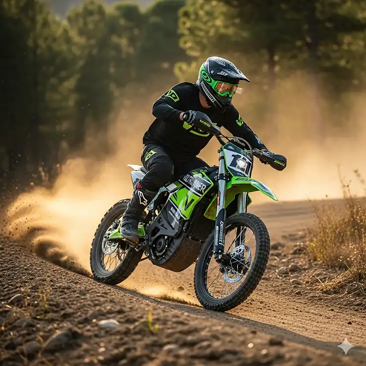A rider speeds down a dirt trail on a new, high-performance fast electric dirt bike, showcasing its impressive speed and agility.