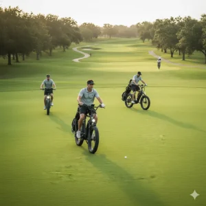 Overhead or action shot illustrating how the electric golf bike speeds up the pace of play by allowing golfers to ride directly to their own ball.