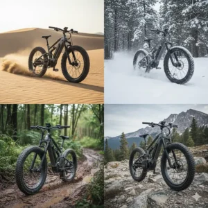 A fat tire electric bike navigating diverse landscapes like sand, snow, and mud, emphasizing its all-terrain capabilities.