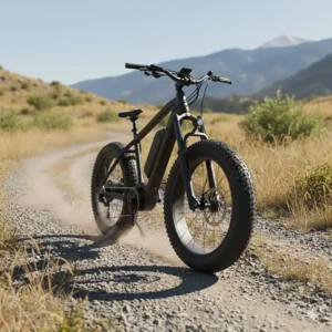 Wide view of a heavy duty electric bike with fat tires easily navigating an off-road gravel path.