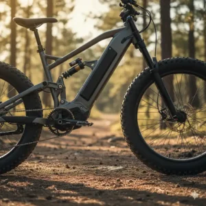 Illustration of the advanced front fork and rear suspension system on a fat tire electric bike, designed to handle rough terrain comfortably.