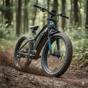 Rugged fat tire electric bike with front suspension powering through a muddy off-road track.