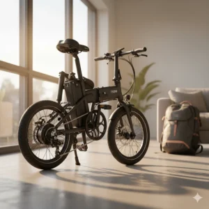 A compact, foldable 750W electric bike in its folded state, demonstrating its convenience for storage and transportation.