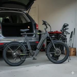 An electric golf bike folded for easy storage in a car trunk or garage, emphasizing portability and convenience.