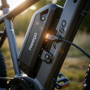 A close-up shot of the detachable battery on a Freego electric bike, highlighting its easy-to-charge and long-lasting features.