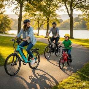 A family of three riding their Freego electric bikes on a scenic park path, illustrating the bikes' appeal for all ages.