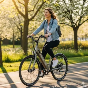 A young woman smiling while riding a Freego electric bike on a sunny day, conveying the joy and convenience of e-biking.