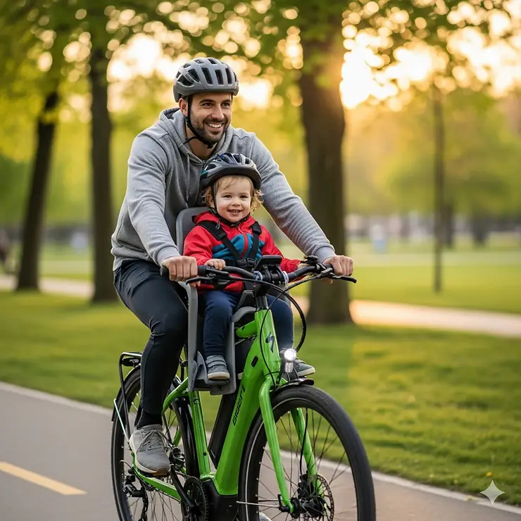 A dad smiling while riding a green electric bike with a child in a front-mounted kid seat.