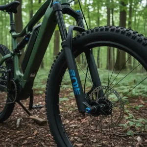 Detailed image of a robust front suspension fork on an electric bicycle, essential for absorbing road bumps.