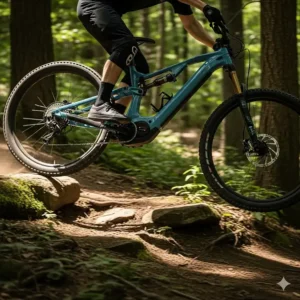 An action shot of a full-suspension mountain electric bike frame navigating a trail, showcasing the design that allows for comfortable riding on rough terrain.