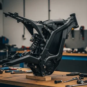 An all-black electric dirt bike frame with a full-suspension design, ready for assembly.