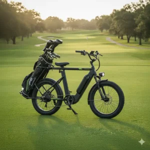 Full side profile shot of a sleek, green-colored electric golf bike, showcasing its design and comfort features.