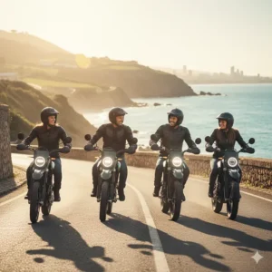 A group of friends riding their electric dirt bikes on a scenic route, showcasing the communal and fun aspect of the sport.