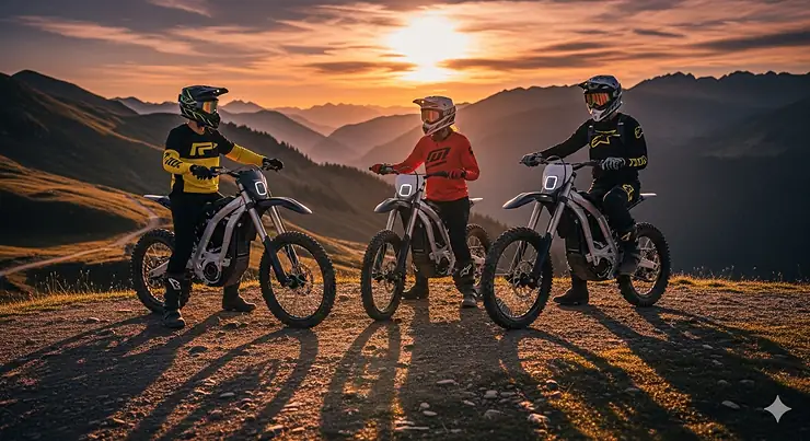 A group of friends posing with their electric dirt bikes under $2000, ready for a day of adventure.