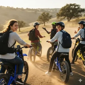 A group of teenagers riding their new electric dirt bikes together, emphasizing the social and community aspect of the hobby.